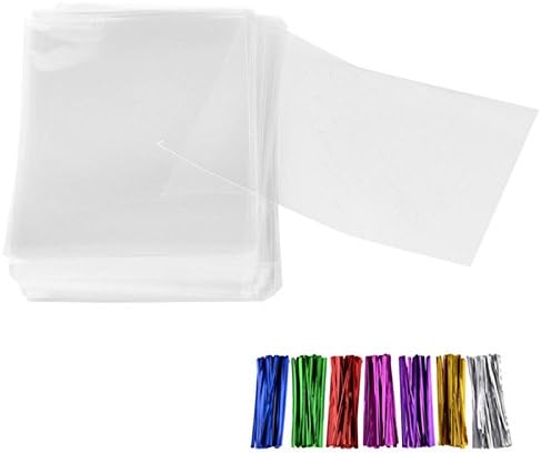 SBOZ 200 Pieces Treat Bags Candy Bags 4" x 6" with 4" Twist Ties 7 Mixed Colors Transparent Clear Thick OPP Plastic Bags for Gift Candy Wedding Party Cake Cookie