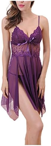 Women Sexy V-Neck Plus-Size Lace Mesh Strappy Sleepwear Babydoll Lingerie (Large, Purple)
