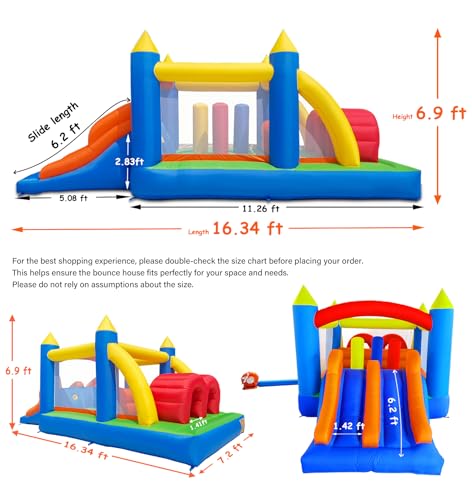 HuaKastro 16.3x7.2FT Kids Bouncy Castle Inflatable Obstacle Course with Dual Racing Slides, Crawl Tunnels, Climbing, Obstacles, Jumping All in One, Great for Children's Outdoor Party - with Blower