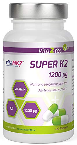 Vita2You Super K2-1200µg Vitamin K2 - Original vitaMK7® - (Natürliches MK-7) mit MK-4 >99% All Trans - 120 Kapseln - Hochdosiert - Premium Qualität