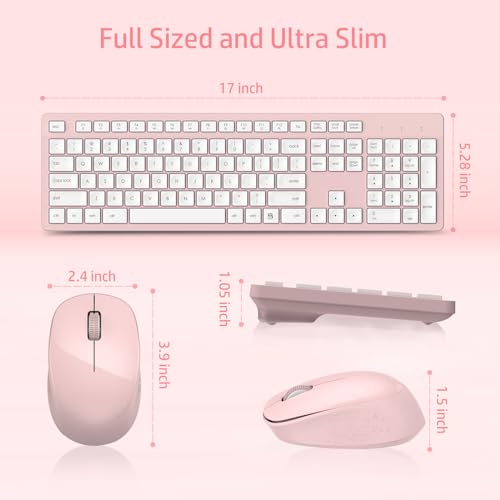 LeadsaiL Wireless Keyboard and Mouse Combo, Full-Sized Ergonomic Computer Keyboard, 2.4GHz Cordless Keyboard Silent Mouse Set with 2-in-1 USB Receiver, 12 FN Shortcuts for Windows Laptop, PC/Mac-Pink