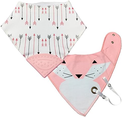 Baby Bandana Bib For Drooling Feeding Teething Set of 2: Bib With Pacifier Holder and Bib with Teether (Pink Combo)