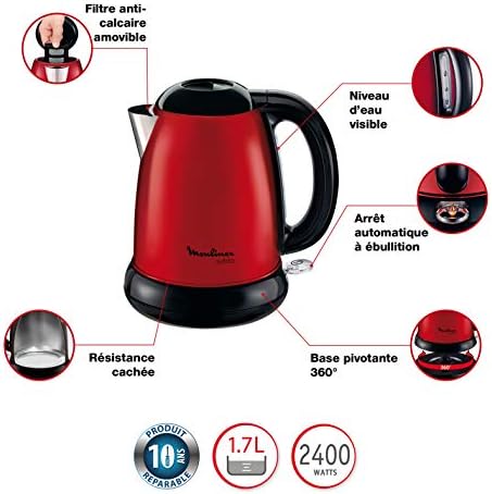 MOULINEX Bouilloire SUBITO rouge 1,7L Inox Bouilloire sans fil Résistance cachée Niveau d'eau visible BY540510
