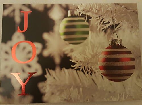 Christmas Holiday Greeting Cards Boxed Set of 16 with Envelopes "Joy" Ornament Themed White Christmas Tree Scene Measures 7 by 5 inches