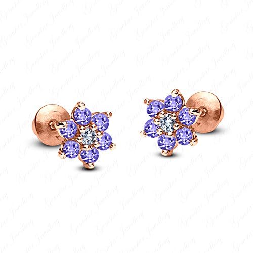 Round Tanzanite 14k Rose Gold Finish 925 Silver Screw Back Flower Stud Earrings