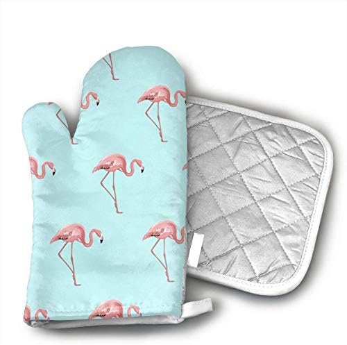 Pink Flamingo Bird Oven Mitts and Pot Holders Set with Polyester Cotton Non-Slip Grip, Heat Resistant, Oven Gloves for BBQ Cooking Baking, Grilling
