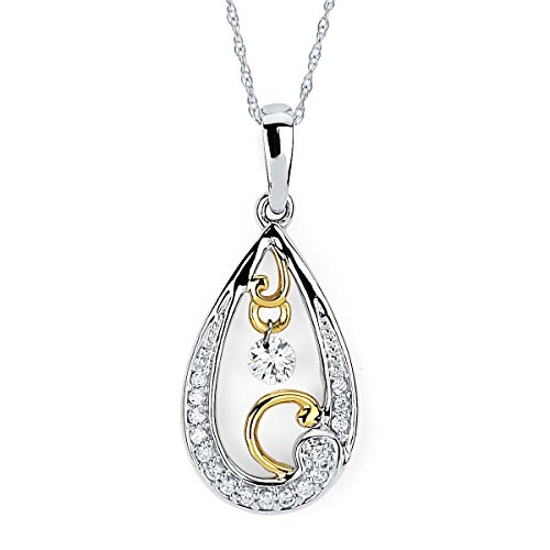 14K White and Yellow Gold Tear Drop Dancing Diamond Pendant Necklace, 18"