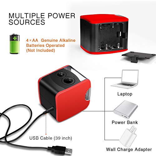 WIWAPLEX Electric Pencil Sharpener, Pencil Sharpener with USB Powered or Battery Operated, 2 Holes(6-8mm & 9-12mm) Portable Electric Pencil Sharpener for Student, Kids, Artist (Red) - Thumbnail 3