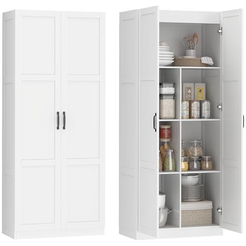 HOMCOM 71" Tall Kitchen Pantry Cabinet with Soft-Close Hinges, Modern Farmhouse Freestanding Pantry Storage Cabinet with 2 Framed Doors, 4 Adjustable Shelves, White