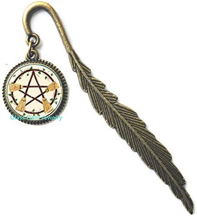 Wicca Broom Pentagram Bookmark Pentacle Bookmarker Wiccan Witch Jewelry Glass Cabochon Silver Statement Long Chain Bookmark，Q0223