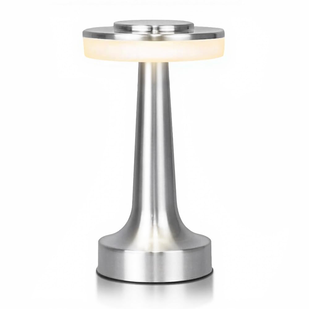 Photo 1 of JHPGEOE Cordless Metal Desk Lamp, Touch Sensor Control LED Table Lamp,3 Color Stepless Dimmable Battery Powered Lamp for Living Room, Dorm, Home Office (Silver)