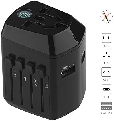 Universal Travel Power Adapter, YOUXIU World Travel Converters Wall AC Power Plug with 2.4A Dual USB Charger Ports for US UK EU AU &amp; Asia, Built in Compass, Safety Fuse (Black/Compass)