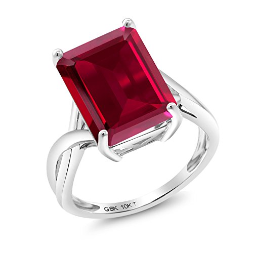8.00 Ct Emerald Cut Red Created Ruby 10K White Gold Ring (Size 8)