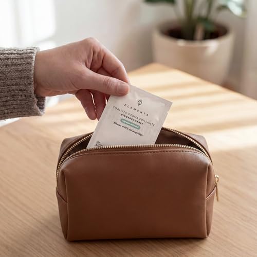 Elementa Toallitas Desmaquillantes Individuales, Toallitas Húmedas para Desmaquillar Ojos y Rostro, con Aloe Vera y Vitamina E, Hipoalergénicas, Biodegradables | 20 Toallitas Individuales