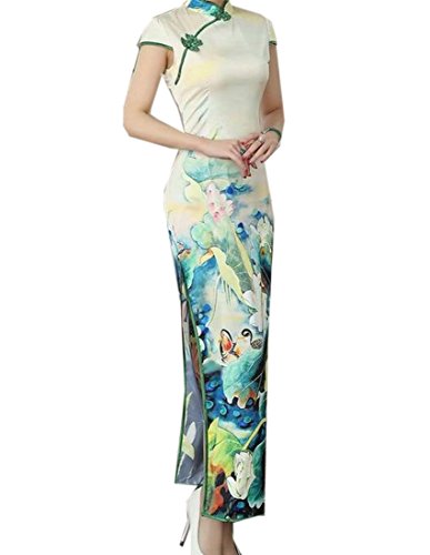 xiaokong Womens Retro Print Stand Collar Chinese Party Dress Cheongsam