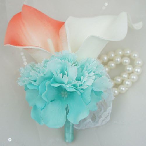 Lily Garden Real Touch Calla Lily Coral and White and Carnation Turquoise Flowers Wedding Bouquet (Wrist Corsage CW)