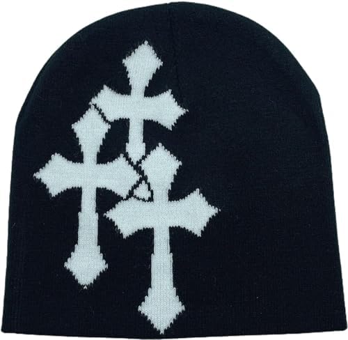 Fashion Knit Beanie with Cross Pattern Y2K Unisex Soft Jacquard