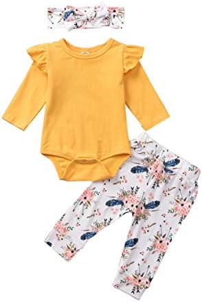 Infant Baby Girls Autumn Outfits Long Sleeve Flutter Solid Color Knitted Cotton Tops + Striped Floral Pants Bodysuits 2Pcs