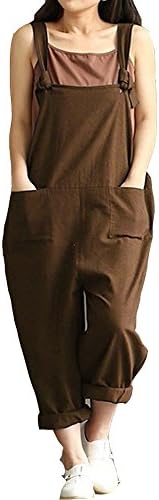 Chns Women Casual Wide Leg Pants Large Plus Size Baggy Linen Overalls Sleeveless Rompers Jumpsuit Vintage Haren Pants Coffee-XL