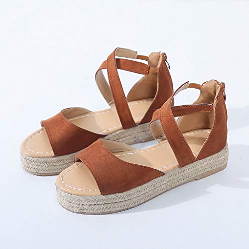 Tantisy ♣↭♣ Summer Fashion Sandals Fish Mouth Zipper Cross-Tied Weave Sole Flock High Heels Single Shoes for Womens Brown - Thumbnail 5