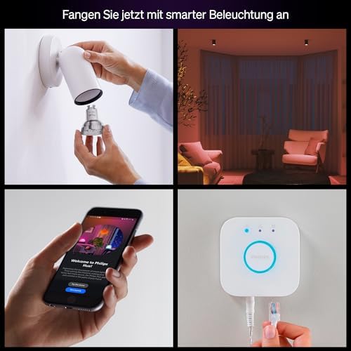 Essential Starter-Set: Bridge + 3 Essential GU10 Smart Leuchtmittel + Smart Button, White und Color Ambiance LED Licht, 2200-6500K, dimmbare LED Lampen, steuerbar mit Sprachassistenten