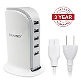SUENANCY USB Plug/Desktop USB Charger Station, USB Wall Charger Multi Ports Rapid Charging Power Adapter, 5 Port 5 Feet Line Plug 6A 30W USB Multi Socket Charging Travel Adapter (White)