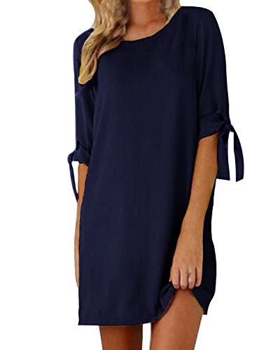 KidsformWomen's 2024 Summer Dresses Solid/Floral Crew Neck Tunic Sundresses Self-tie Half Sleeves Mini Dress