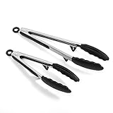Kitchen Tongs,J&C Life Nonstick Stainless Steel With Stand And Silicone Tips Food Tong Set,Salad And Kitchen Serving Tongs 2 Pack(9 Inch And 12 Inch),Black