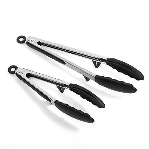 Kitchen Tongs,J&C Life Nonstick Stainless Steel With Stand And Silicone Tips Food Tong Set,Salad And Kitchen Serving Tongs 2 Pack(9 Inch And 12 Inch),Black