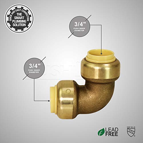 Pushlock UPE9034-5 90 Degree Elbow Pipe Fittings Push to Connect Pex Copper, CPVC, 3/4 Inch, Brass Pack of 5 - Thumbnail 4