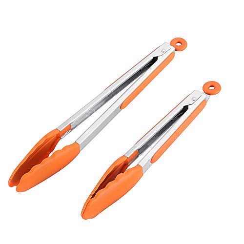 Efivs Arts 2 Piece Silicone And Stainless Steel Kitchen Tongs (9-Inch/12-inch)-Orange