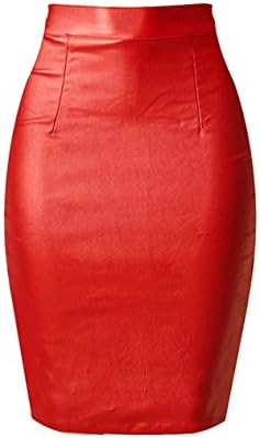 Women's Faux Leather Pencil Skirt Below Knee Skirt Midi Bodycon Skirt