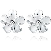 Reffeer Solid 925 Sterling Silver Plumeria Flower Stud Earrings for Women Teen Girls Crystal Flower Stud Earrings