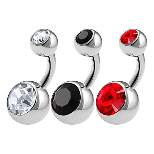 KJM FASHION 3PCS 316L Surgical Steel Shallow Belly Button Ring Stud 14 Gauge 1/4 6mm Clear Jet Light Siam Short Navel Bars Jewellery 0626