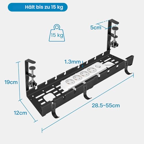 GUOOUG Cable Duct Desk, Black, No Drilling, Retractable 28.5-55 cm, Cable Management Desk, Adjustable Metal Cable Holder, Cable Tray, Cable Organiser, Table, Cable Basket, Clampable for Office