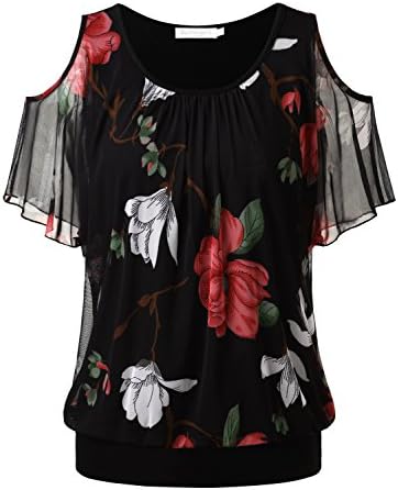 BAISHENGGT Women's Printed Batwing Sleeve Mesh Off Shoulder Tunic Top