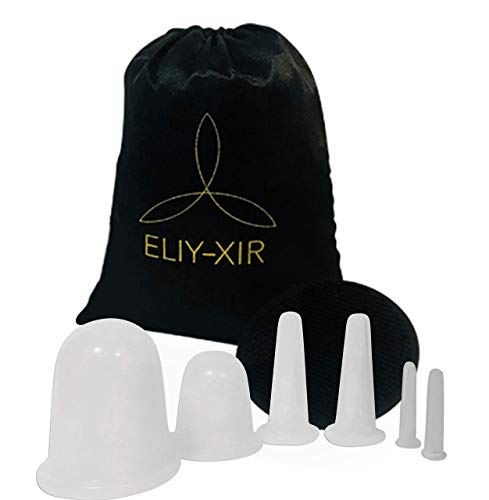 Eliyxir Beauty Facial Cupping Set – Body Face and Eye Massage Kit with Silicone Cleansing Brush for at Home Facials to Reduce Fine Lines Wrinkles and Improves Collagen includes 7 Piece Set