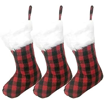 AISENO 3 Pack 20 Inch Black Red Plaid Christmas Stockings with Snowy White Faux Fur Hanging Ornaments Candy Gift Bags for Christmas Decorations