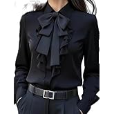 OSCORP Womens Elegant Bow Tie Blouse, Lapel Collar Long Sleeve Ruffle Front Button Down Office Work Dressy Shirts