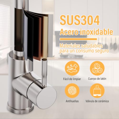 GALASALA Mezcladora para Fregadero, Llaves para Fregadero de Cocina con Manguera Extensible, Grifo de Cocina de Acero Inoxidable 304, Monomando para Freaadero de Alto Arco con 3 Modos de Agua