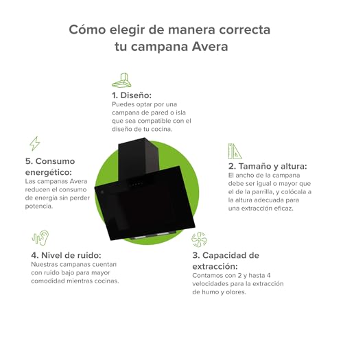 AVERA Campana para cocina de pared 90 cm, Diseño tipo pantalla, 3 velocidades, Filtros de malla metálicosy carbón activado, Acero inoxidable y vidrio templado, Control WIFI y panel digital | CEV90C