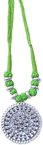 GiftPiper Threaded German Silver Necklace Round Shape Pendant-Green 2