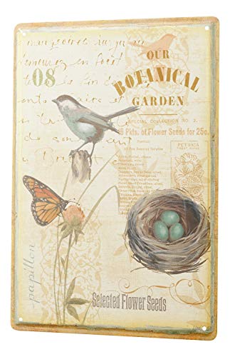 Nostalgic Tin Sign botanical garden bird bird nest Butterfly flower 8X12"