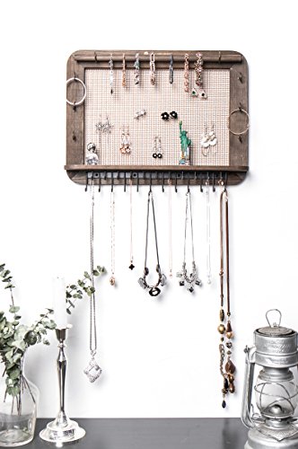 JackCubeDesign Wall Mounted Wood Jewelry Organizer Designer made Cosmetics Storage Shelf w/Necklace Shelf Earrings Holder Tray with 23 Hooks for Necklace Bracelet – :MK399A