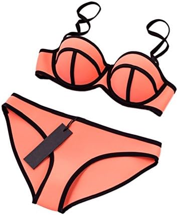 MUXILOVE Classic Solid Color Real Neoprene Padded Bra Women Bikini Set Swimwear Swimsuit Bathing Suit Orange X-Small