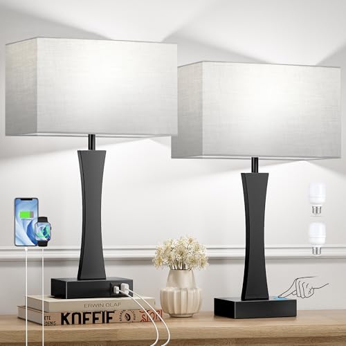 Bedside Touch Table Lamps Set of 2-3 Way Dimmable Modern Bedroom Lamps with USB C+A Ports,Nightstand Lamps for Living Room,Dorm,Home Office(Bulbs Included)