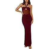 Women's Sexy Halter Backless Maxi Dress Mesh Patchwork Cut Out Sleeveless Bodycon Long Dress Ruched Cocktail Dresses