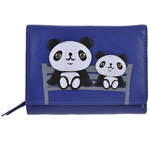 Ladies Compact Leather Purse/Wallet by Mala; Chi Chi Collection Pandas (Blue)