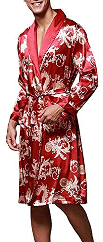 VERNASSA Mens Satin Robe Silk Long Sleeve Kimono Bathrobe Sleepwear Loungewear Burgundy