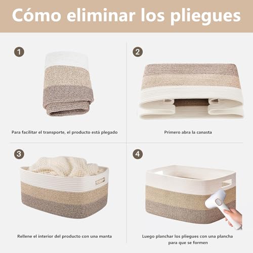NUIO Canastas Organizadoras, Cesta de Manta Grande 55x43cm, Organizador de Pañales para Bebe, Cesta de Manta de Cuerda de Algodón para Sala de Estar, Lavandería, Guardería, Almohadas (khaki)
